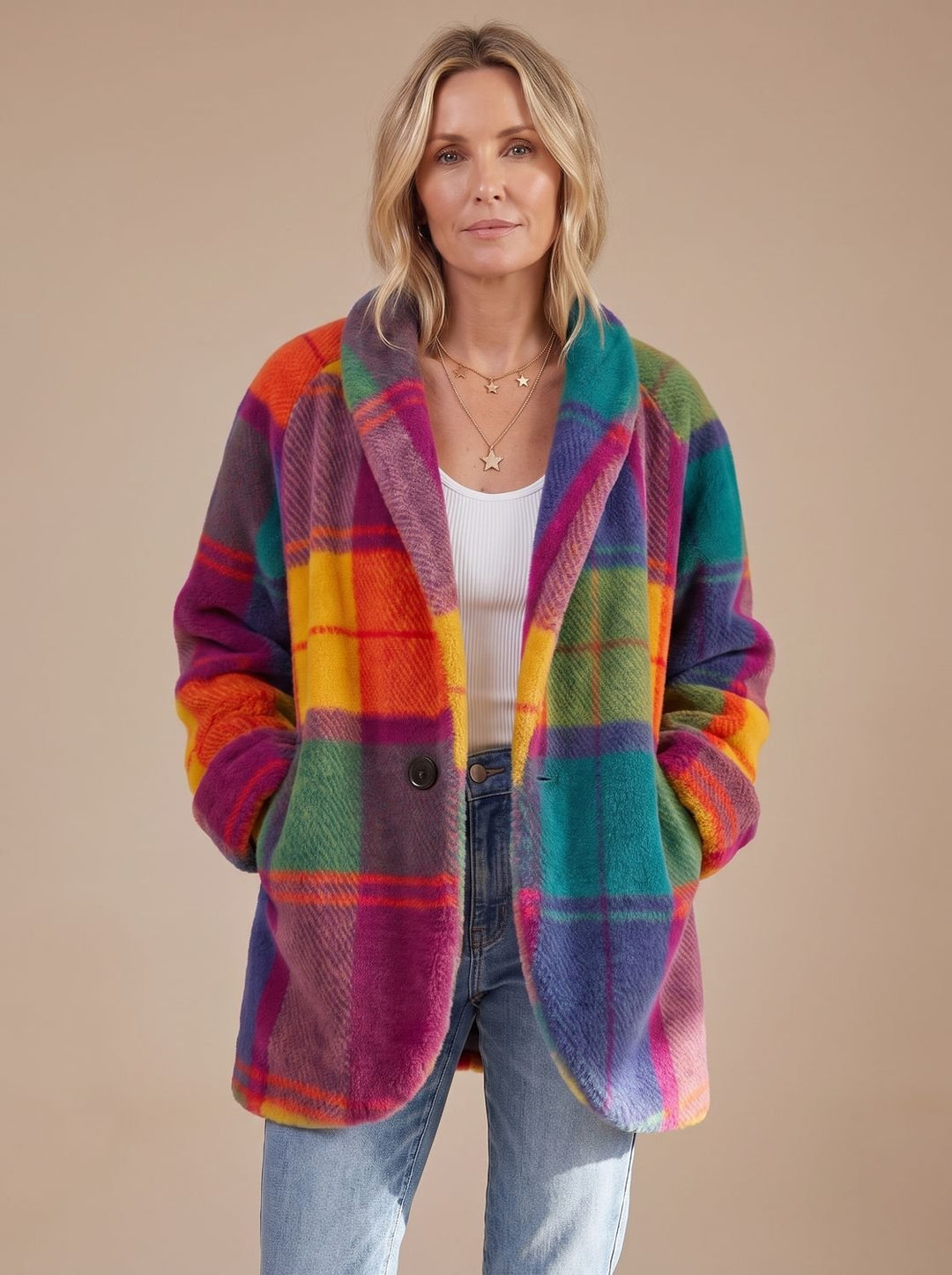 Women's Colorful Plaid Fleece Button-Front Coat with Pockets - Sun