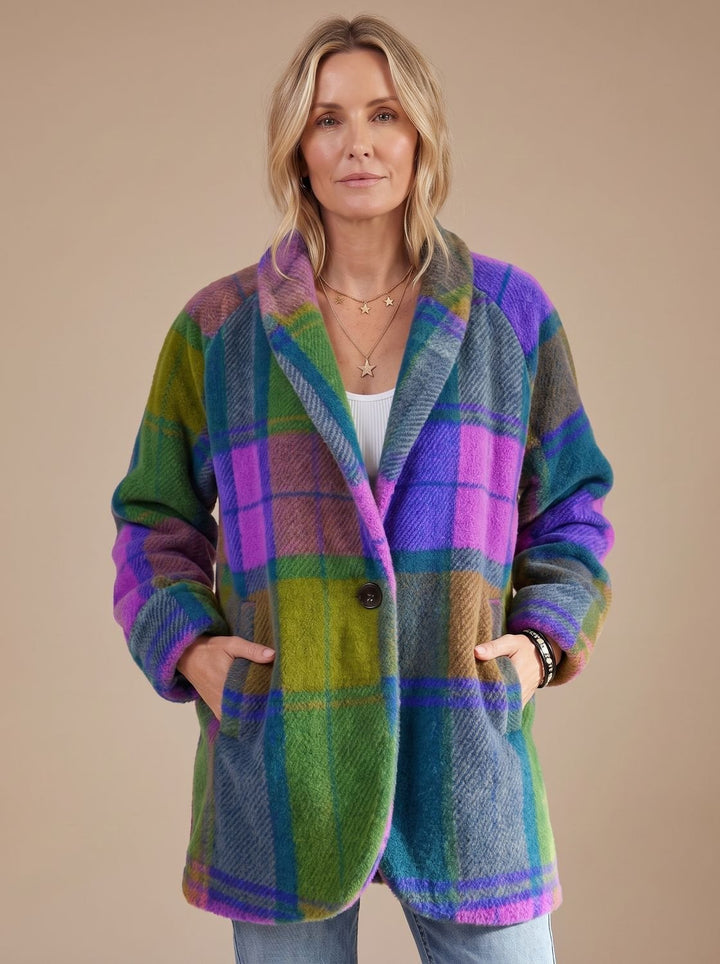 Women's Colorful Plaid Fleece Button-Front Coat with Pockets - Neptune