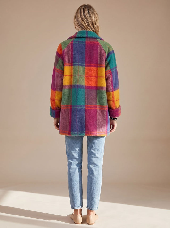 Women's Colorful Plaid Fleece Button-Front Coat with Pockets