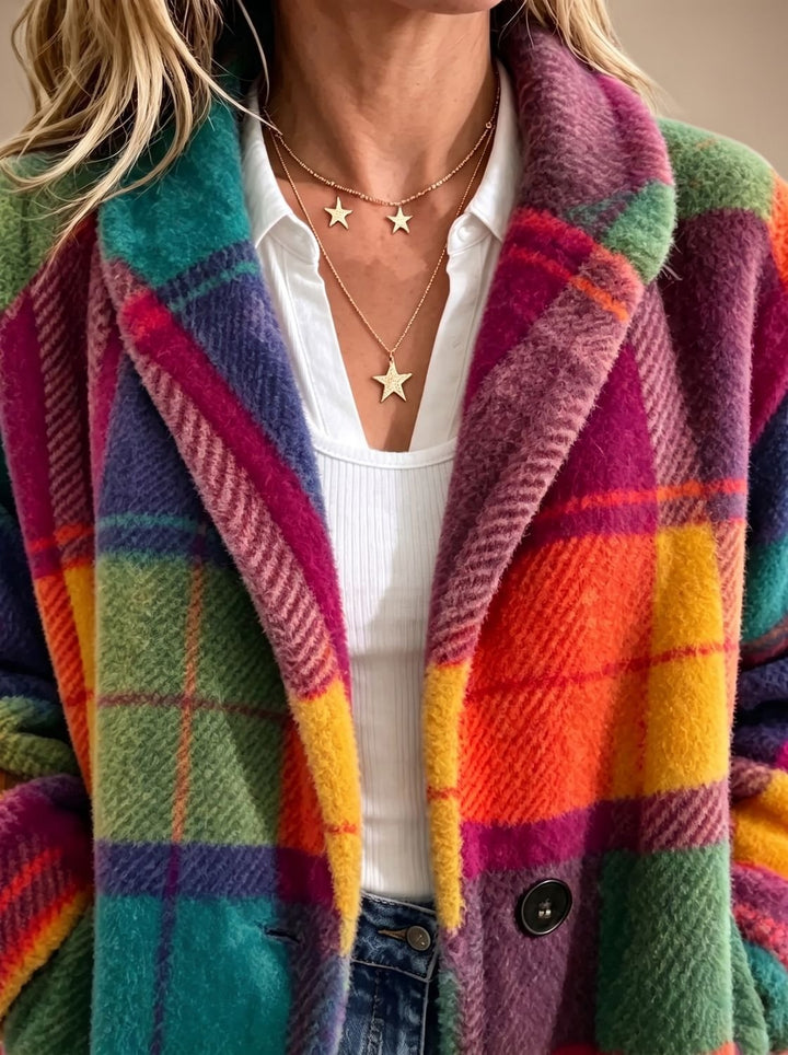 Women's Colorful Plaid Fleece Button-Front Coat with Pockets