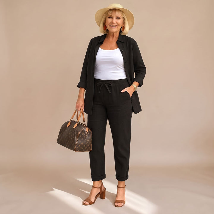 Women's Comfort Two Piece Set Relaxed Linen-Look Drawstring Pants Shirt - Black