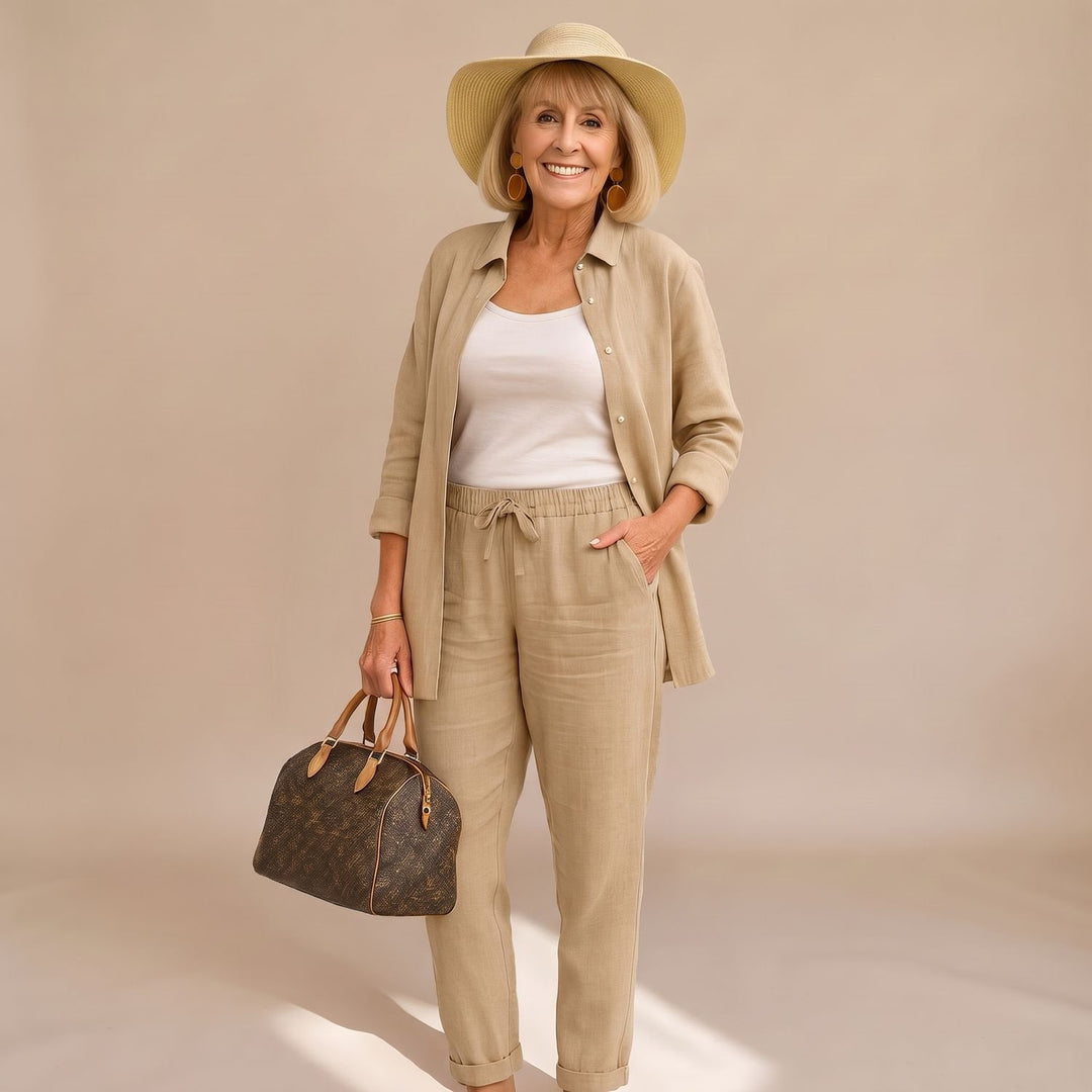 Women's Comfort Two Piece Set Relaxed Linen-Look Drawstring Pants Shirt - Khaki