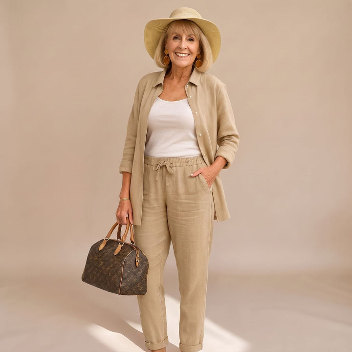 Women's Comfort Two Piece Set Relaxed Linen-Look Drawstring Pants Shirt - Khaki