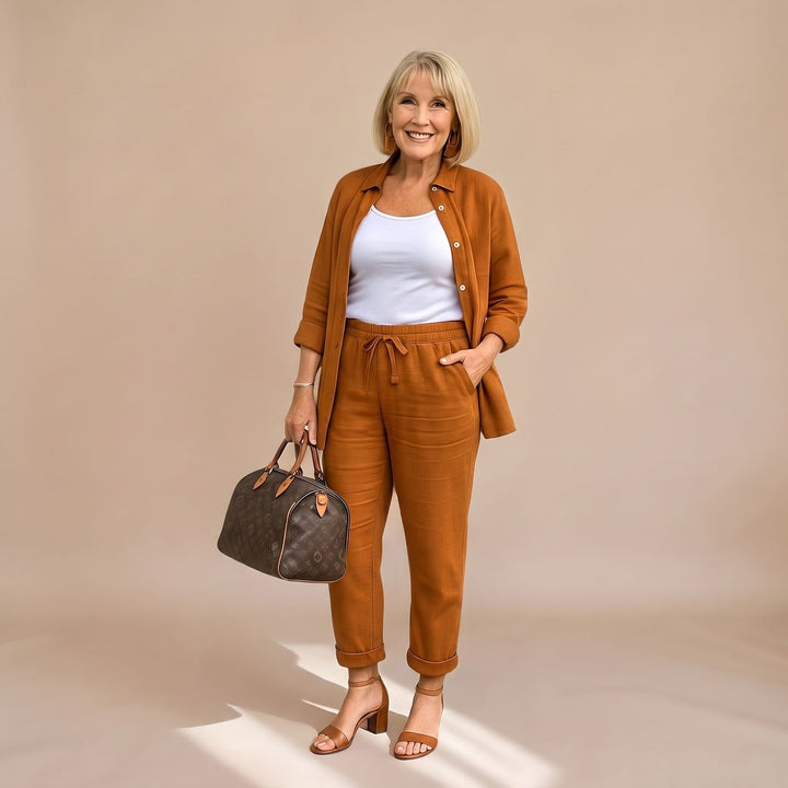 Women's Comfort Two Piece Set Relaxed Linen-Look Drawstring Pants Shirt - Brown