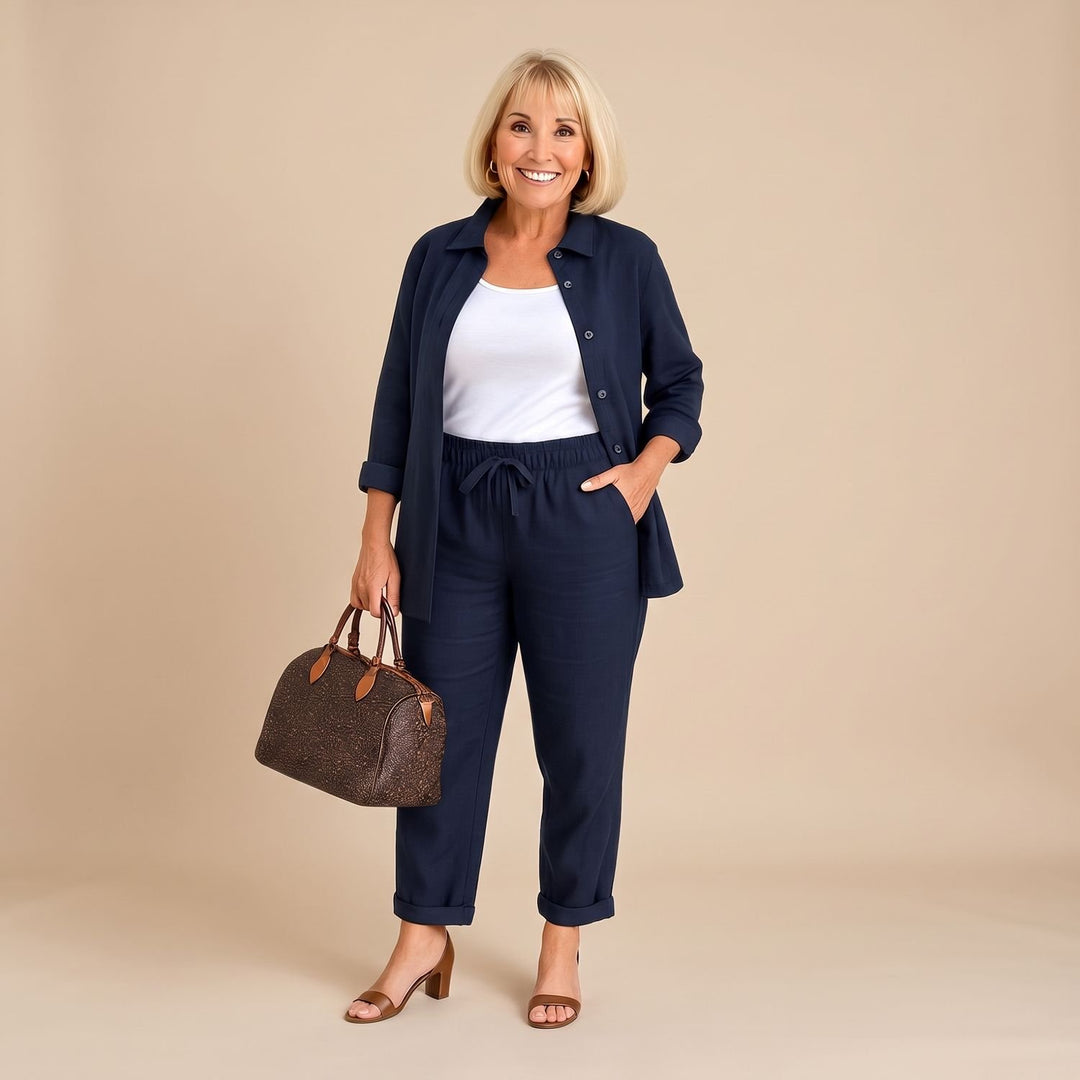 Women's Comfort Two Piece Set Relaxed Linen-Look Drawstring Pants Shirt - Navy Blue