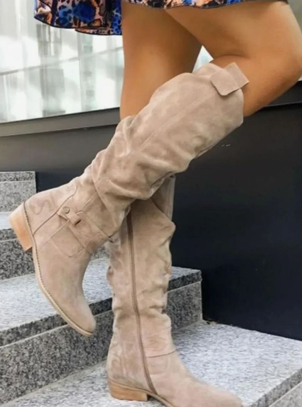 Women's Comfortable Knee High Boots Low Block Heel Suede - Light Brown