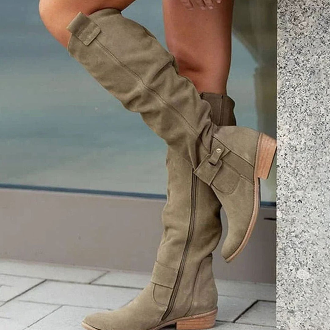 Women's Comfortable Knee High Boots Low Block Heel Suede
