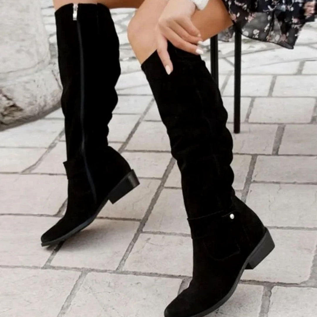 Women's Comfortable Knee High Boots Low Block Heel Suede - Black
