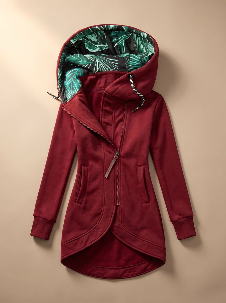 Women's Comfy Zip-Up Hooded Jacket Tropical-Lined - Burgundy