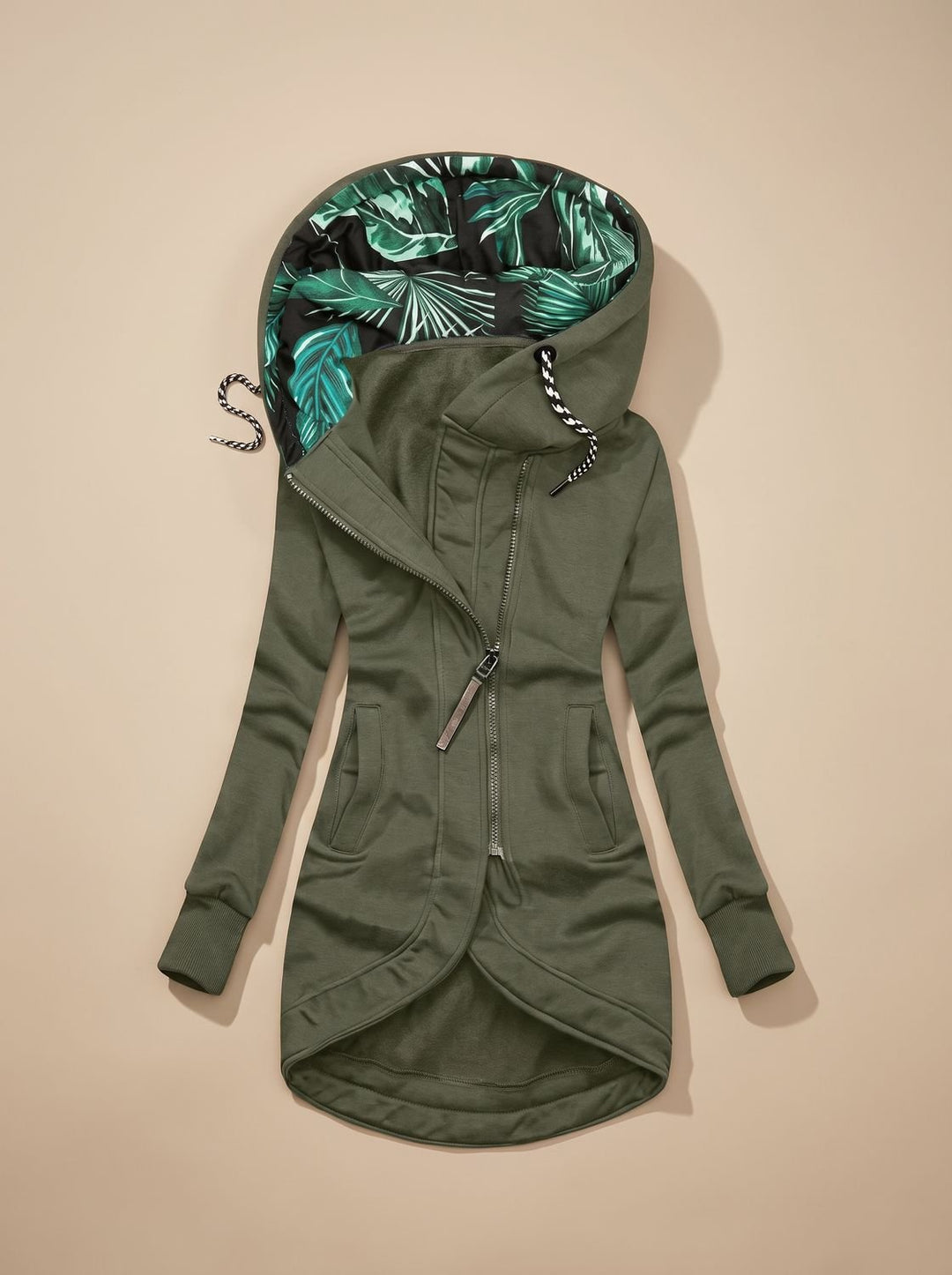 Women's Comfy Zip-Up Hooded Jacket Tropical-Lined - Olive Green