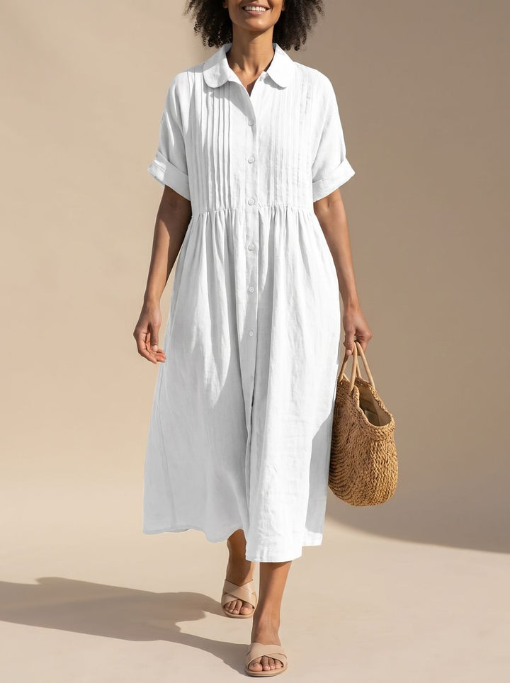 Women's Cotton Button-Front Collared Midi Shirt Dress - White
