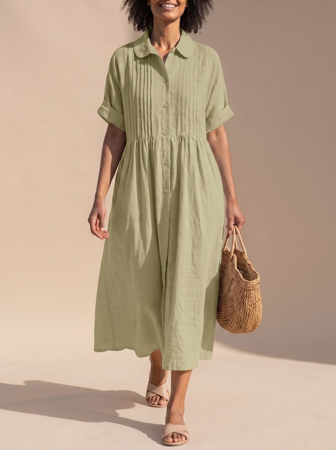 Women's Cotton Button-Front Collared Midi Shirt Dress - Sage Green