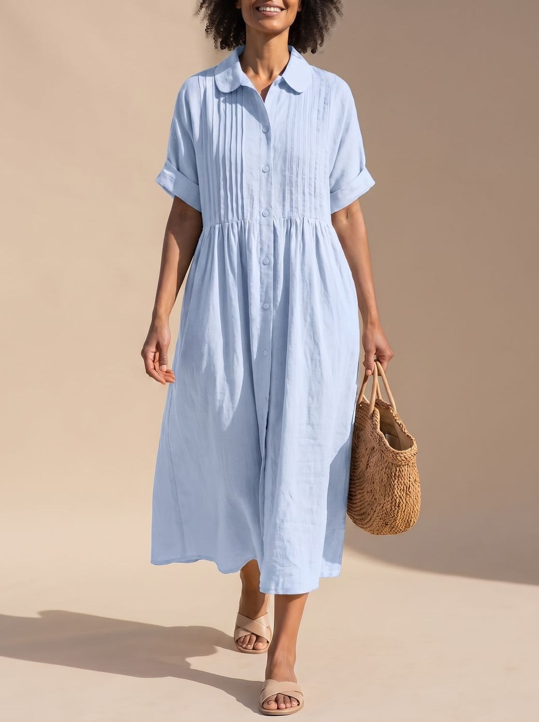 Women's Cotton Button-Front Collared Midi Shirt Dress - Light Blue