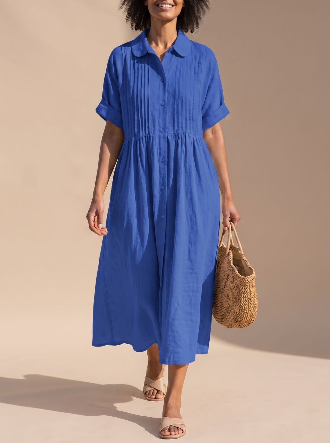 Women's Cotton Button-Front Collared Midi Shirt Dress - Blue