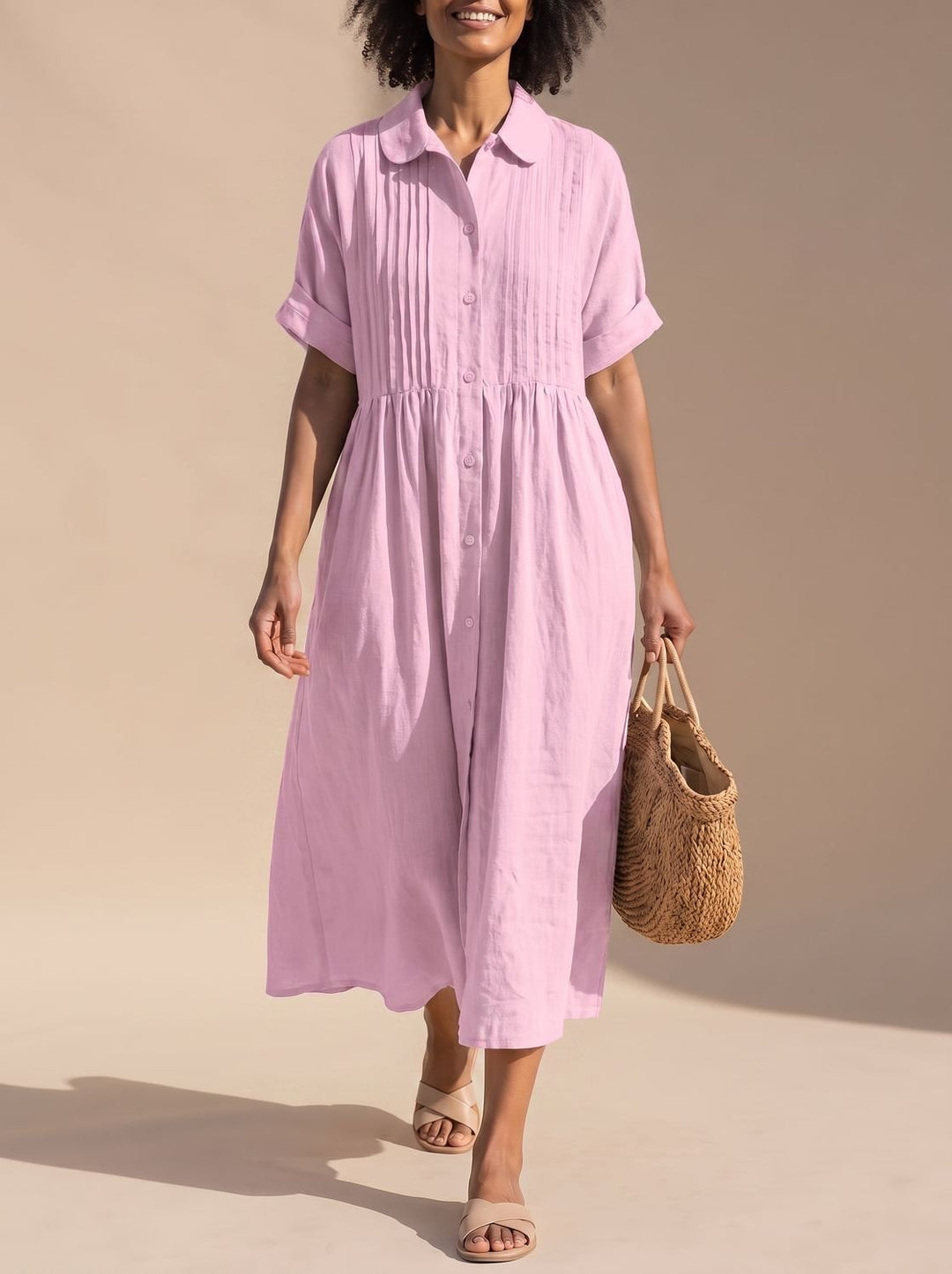Women's Cotton Button-Front Collared Midi Shirt Dress - Pink