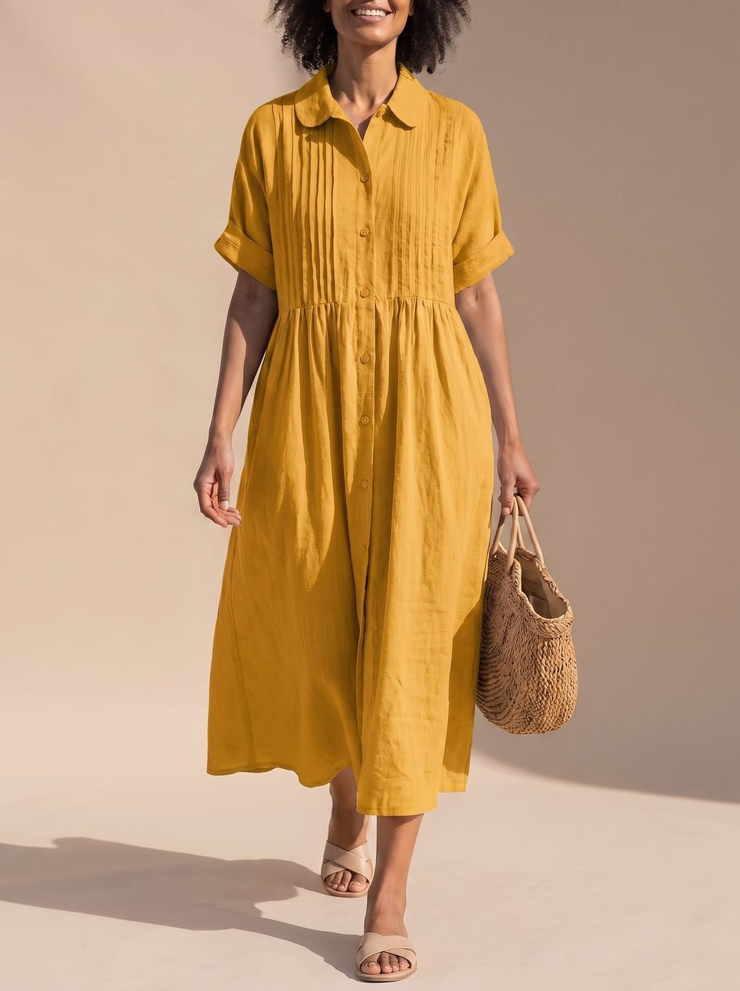 Women's Cotton Button-Front Collared Midi Shirt Dress - Orange