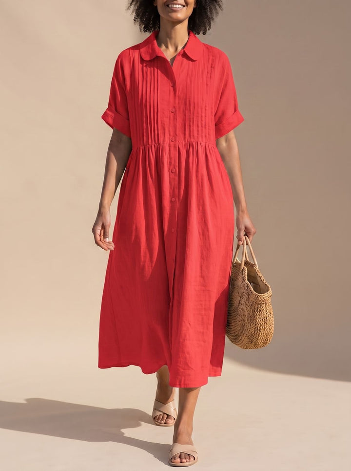 Women's Cotton Button-Front Collared Midi Shirt Dress - Red