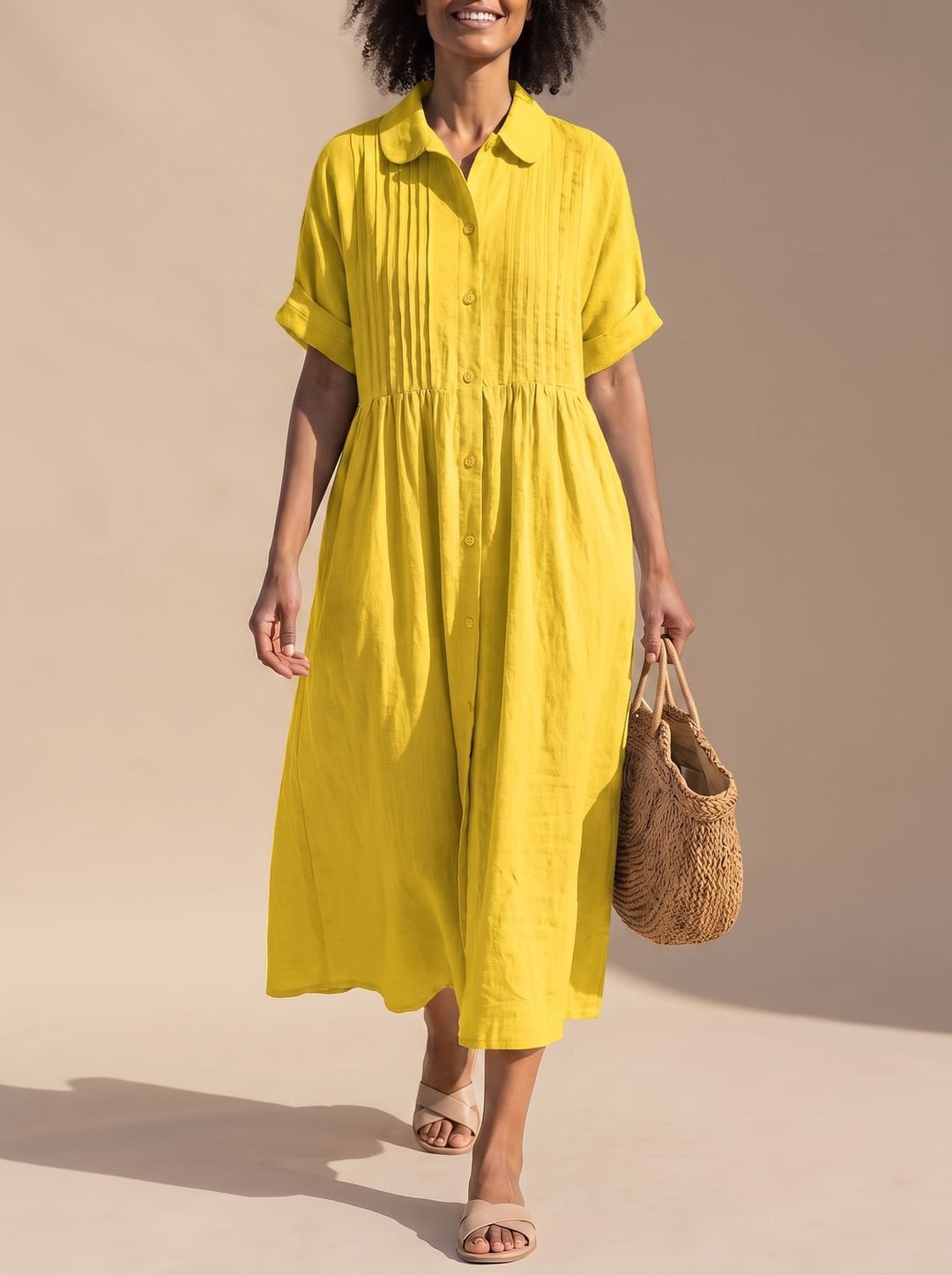 Women's Cotton Button-Front Collared Midi Shirt Dress - Yellow