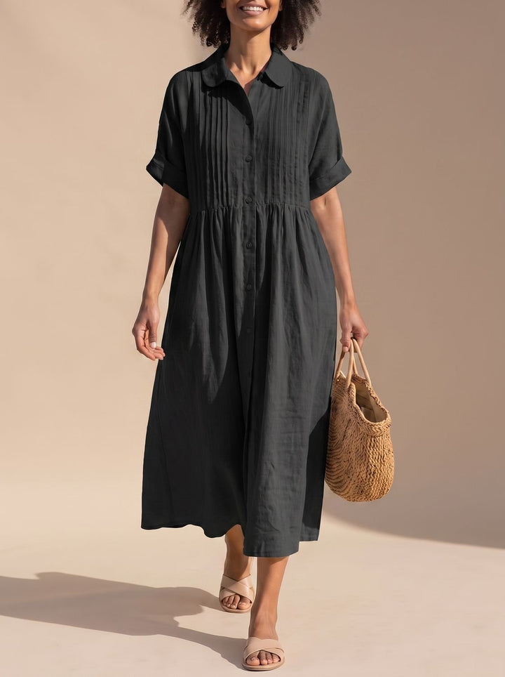 Women's Cotton Button-Front Collared Midi Shirt Dress - Black