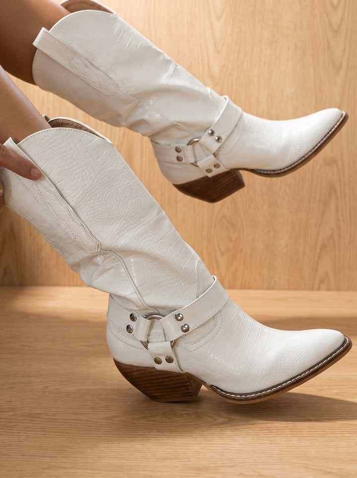 Women's Cow-Print Block-Heel Pointed-Toe Western Cowboy Boots - White