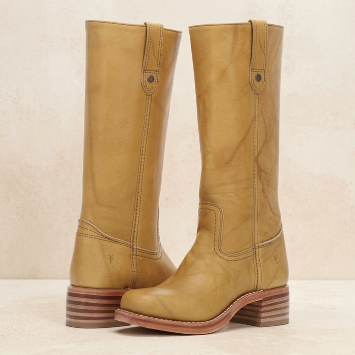 Women's Cowboy Knee-High Leather Block-Heel Boots - Beige