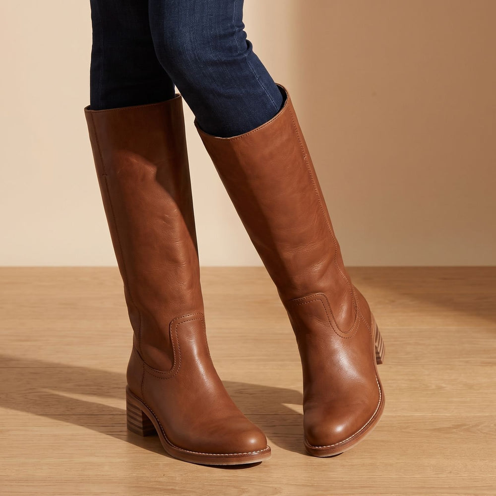 Women's Cowboy Knee-High Leather Block-Heel Boots