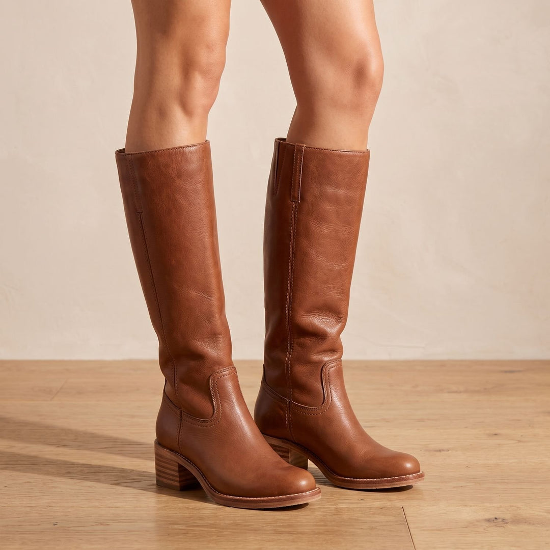 Women's Cowboy Knee-High Leather Block-Heel Boots - Brown