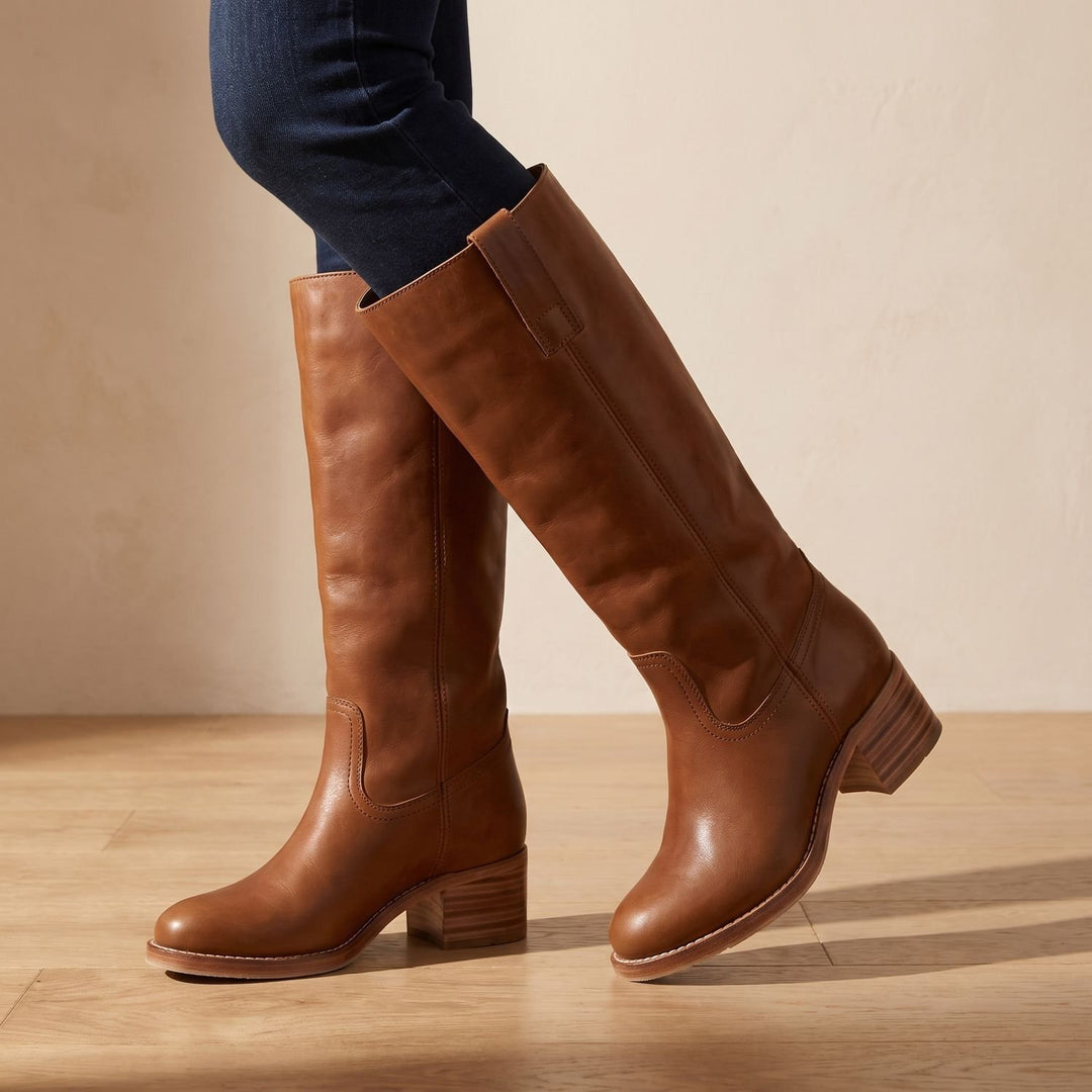 Women's Cowboy Knee-High Leather Block-Heel Boots