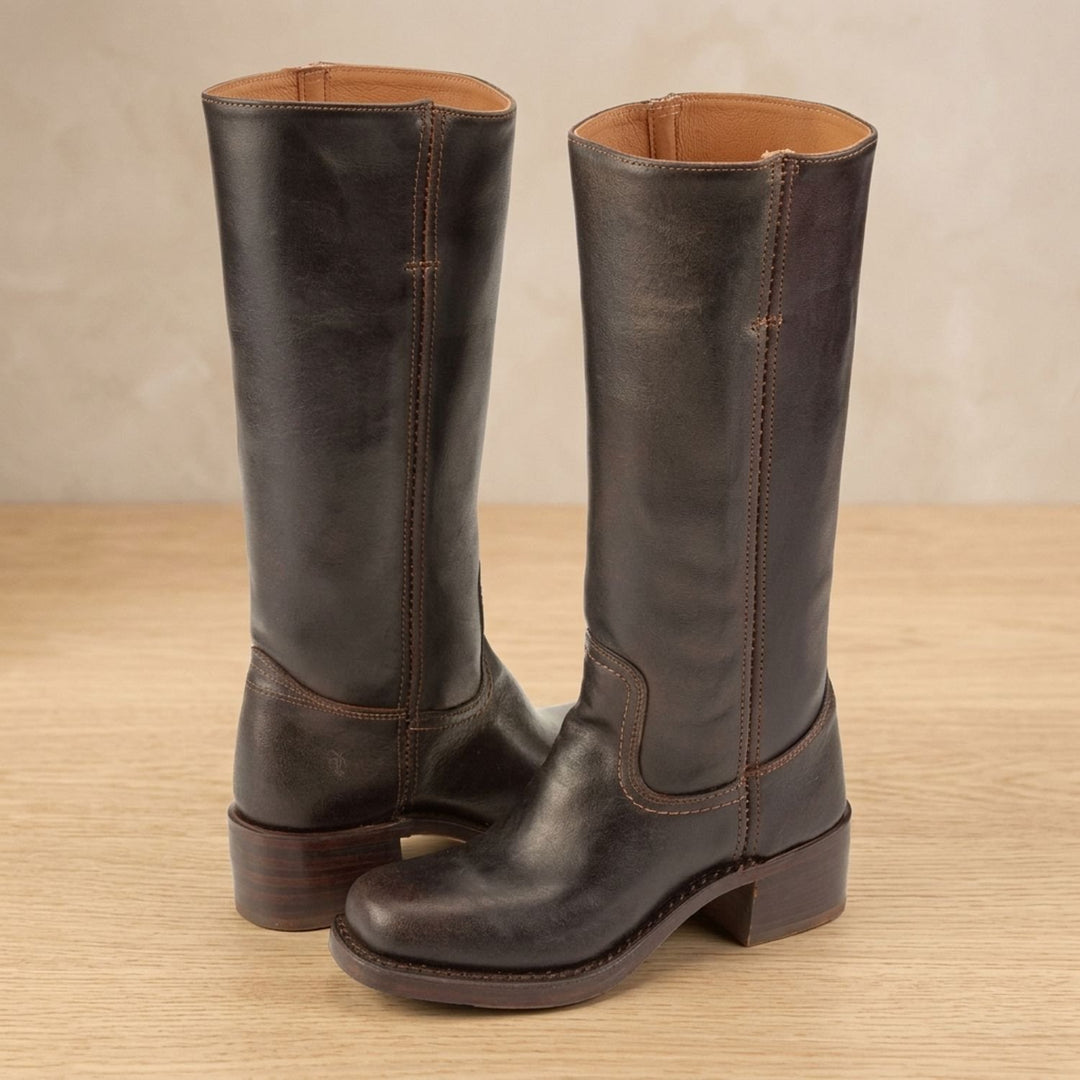Women's Cowboy Knee-High Leather Block-Heel Boots - Dark Brown