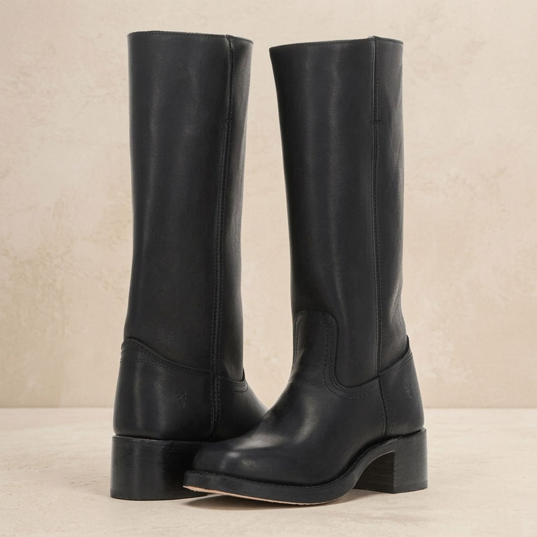 Women's Cowboy Knee-High Leather Block-Heel Boots - Black