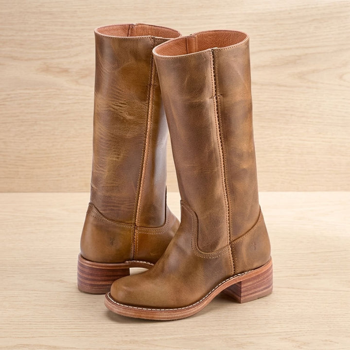 Women's Cowboy Knee-High Leather Block-Heel Boots - Light Brown