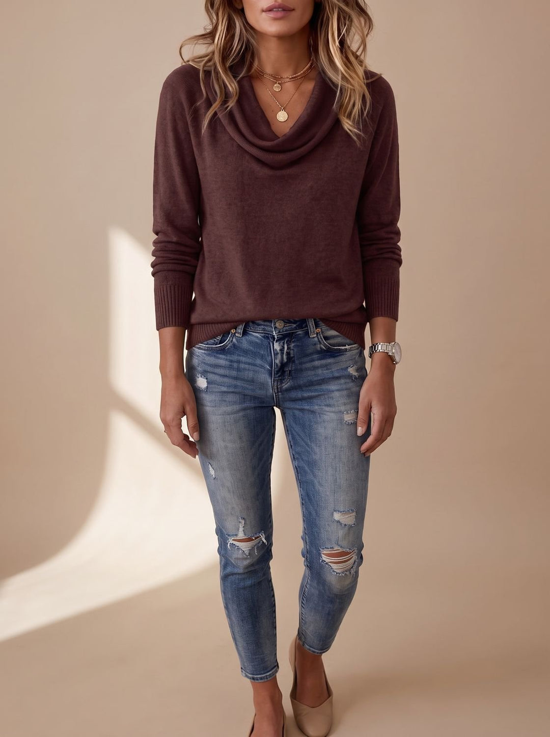 Women's Cowl Neck Long Sleeve Knit Pullover Sweater - Dark Purple