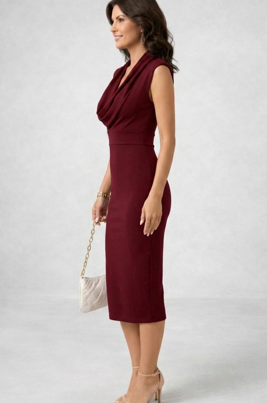 Women's Cowl Neck Sleeveless Body-Skimming Midi Cocktail Dress