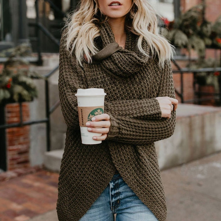 Women's Cowl-Neck Wrap-Front Cardigan Chunky Knit Sweater - Army Green