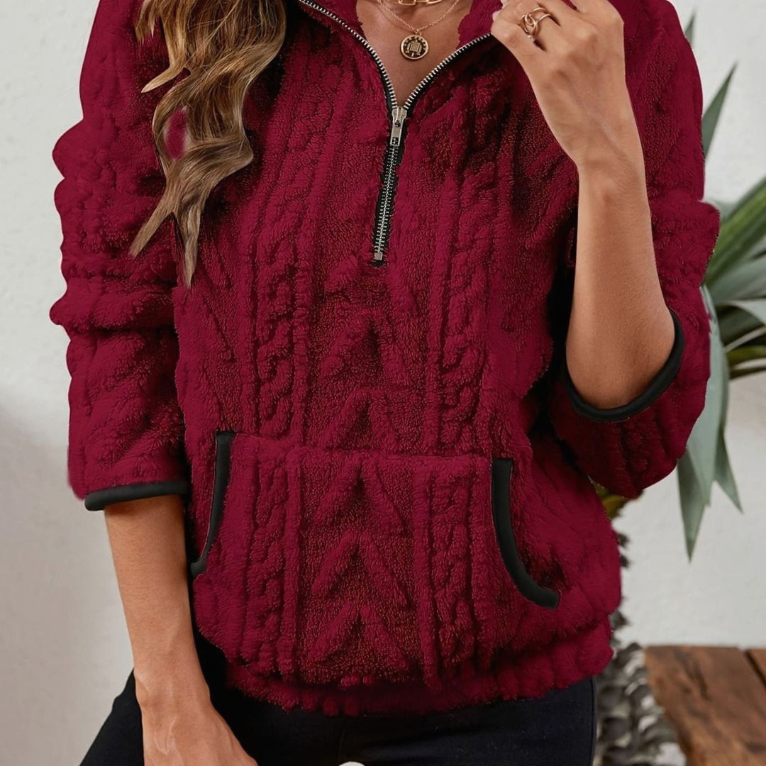 Women's Cozy Fleece Half-Zip Kangaroo Pocket Pullover Sweater - Burgundy