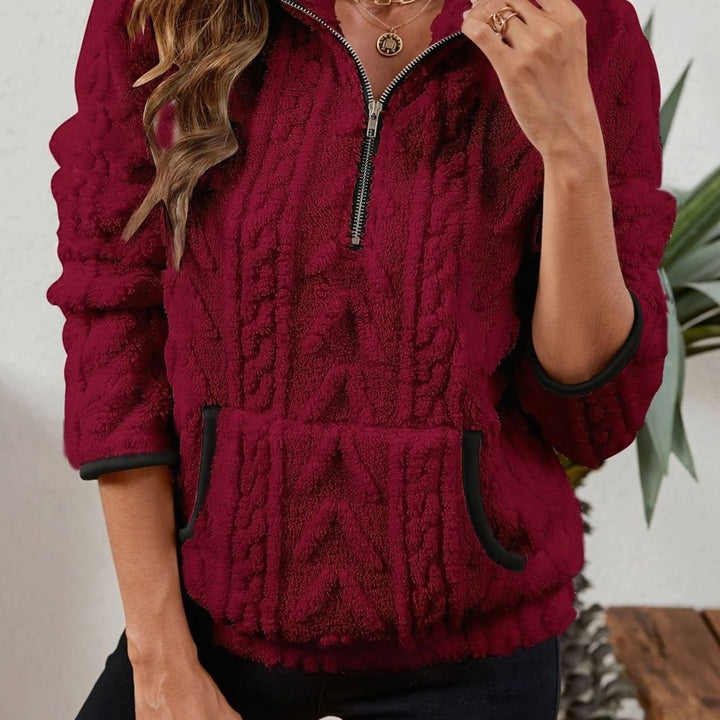 Women's Cozy Fleece Half-Zip Kangaroo Pocket Pullover Sweater - Burgundy