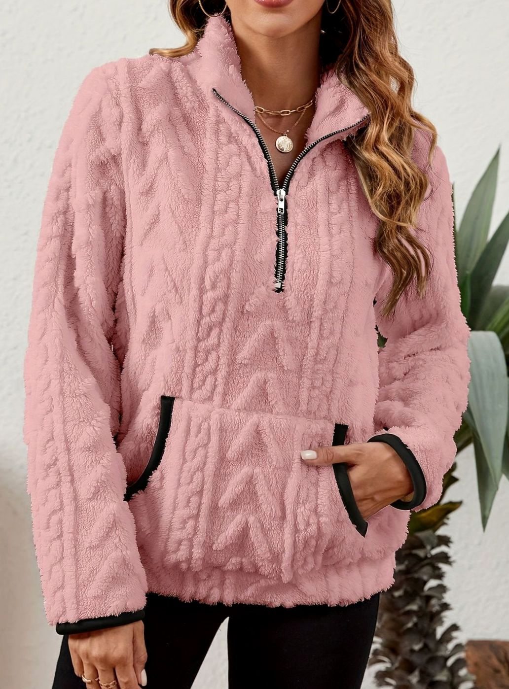 Women's Cozy Fleece Half-Zip Kangaroo Pocket Pullover Sweater