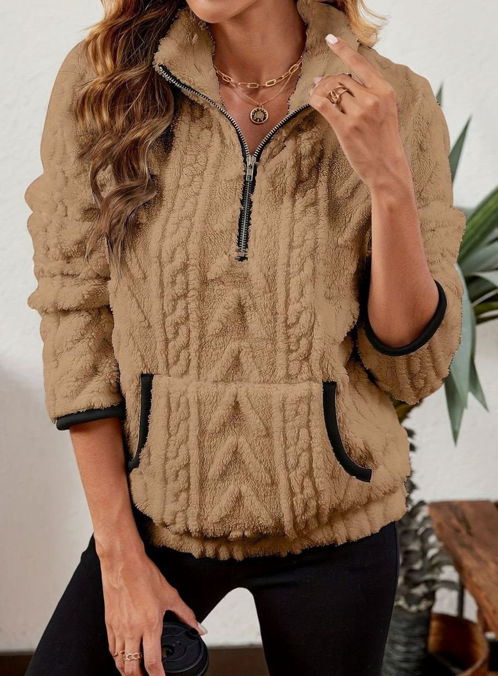 Women's Cozy Fleece Half-Zip Kangaroo Pocket Pullover Sweater