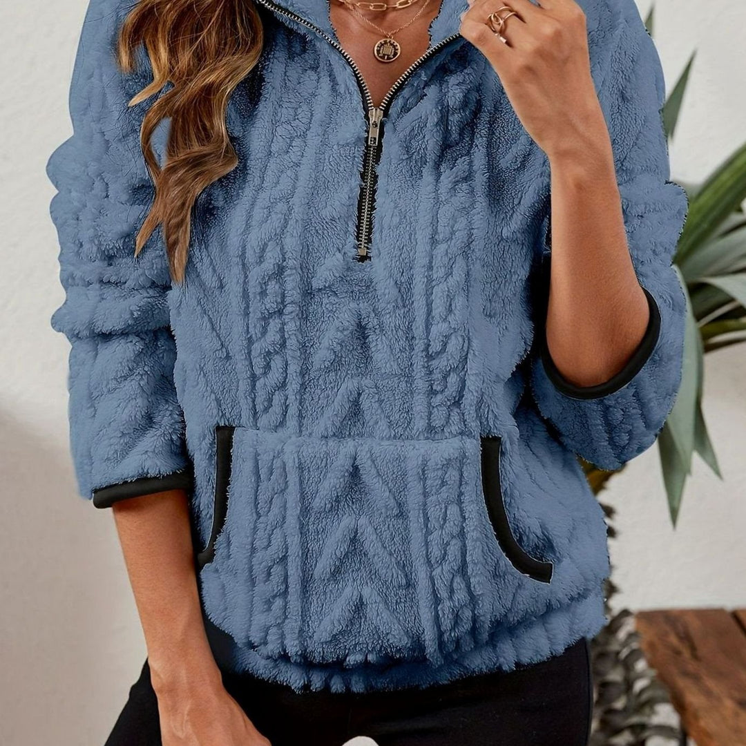 Women's Cozy Fleece Half-Zip Kangaroo Pocket Pullover Sweater - Blue