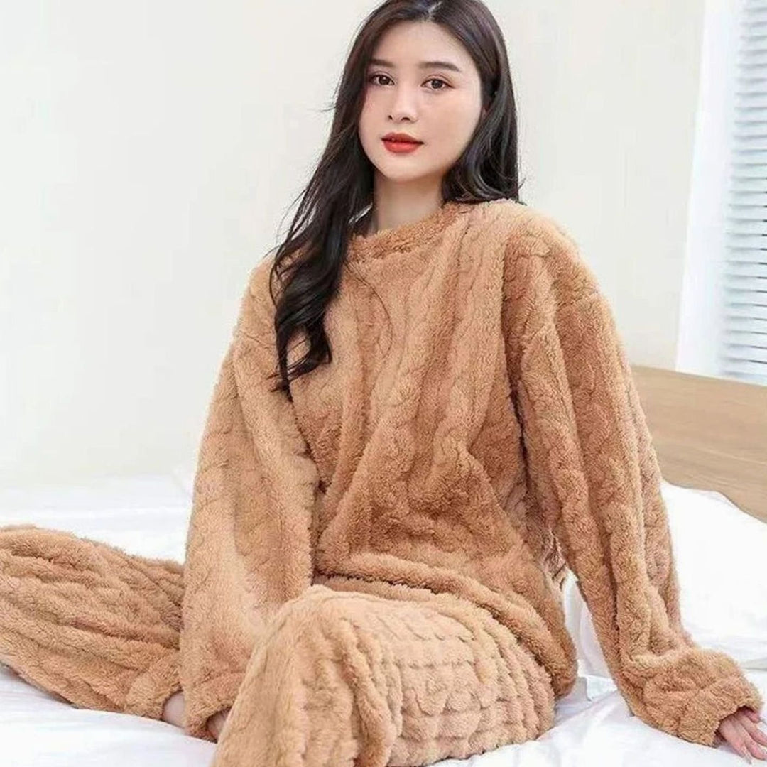 Women's Cozy Fleece Relaxed-Fit Winter Loungewear Set - Khaki