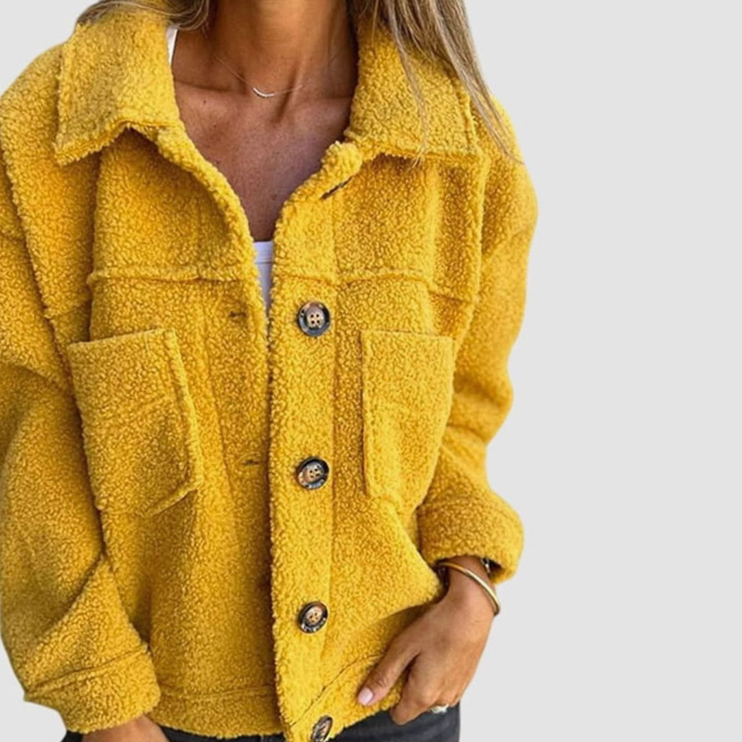 Women's Cozy Sherpa Button-Front Collared Jacket - Yellow