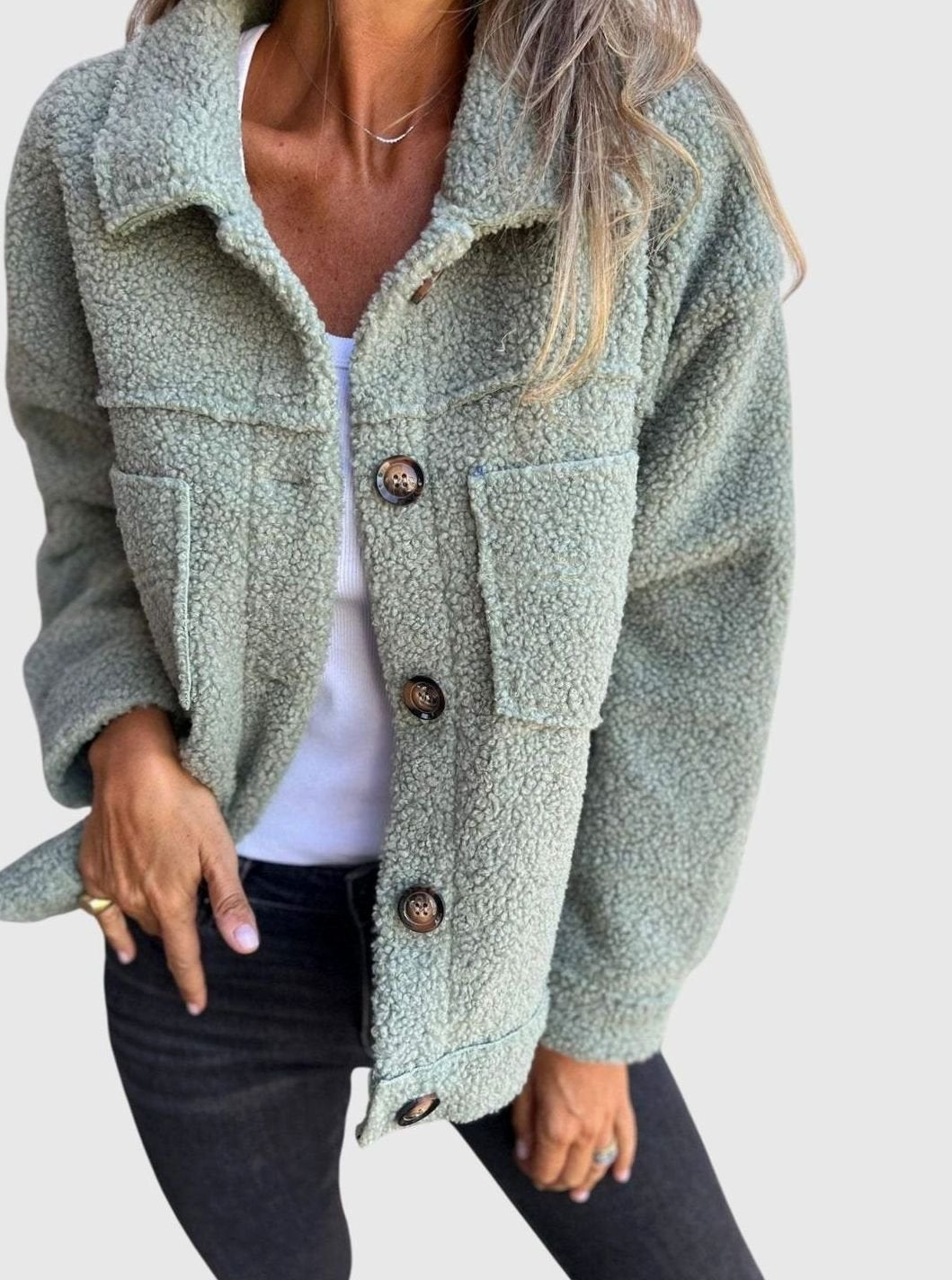 Women's Cozy Sherpa Button-Front Collared Jacket - Green