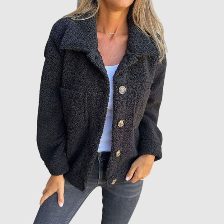 Women's Cozy Sherpa Button-Front Collared Jacket - Black