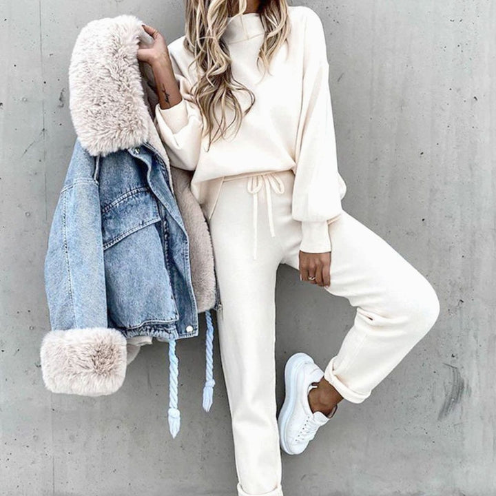 Women's Cozy Two-Piece Relaxed-Fit Drawstring Tracksuit Outfit - White