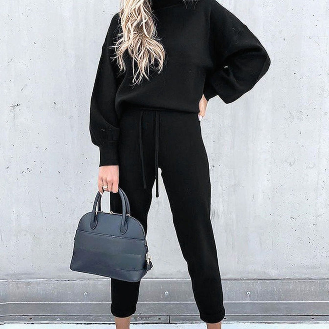 Women's Cozy Two-Piece Relaxed-Fit Drawstring Tracksuit Outfit - Black