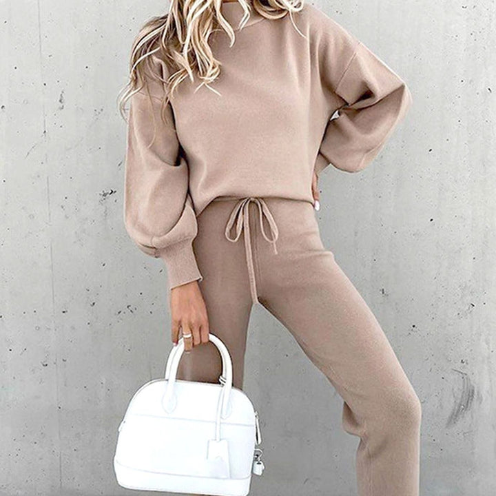 Women's Cozy Two-Piece Relaxed-Fit Drawstring Tracksuit Outfit - Grey Pink