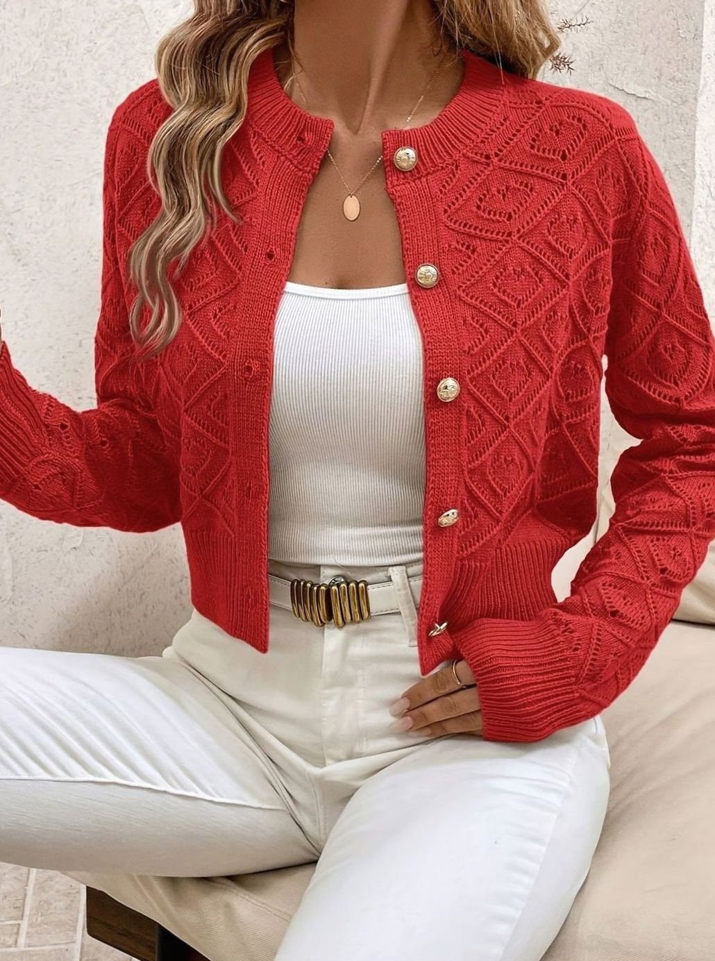 Women's Cropped Diamond-Knit Button-Front Cardigan