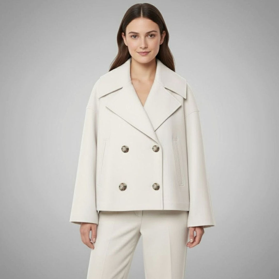 Women's Cropped Double-Breasted Short Jacket Tailored Coat - Beige
