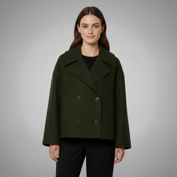 Women's Cropped Double-Breasted Short Jacket Tailored Coat - Green