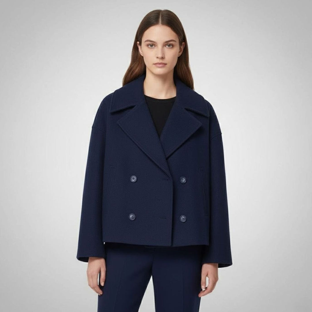 Women's Cropped Double-Breasted Short Jacket Tailored Coat - Navy Blue